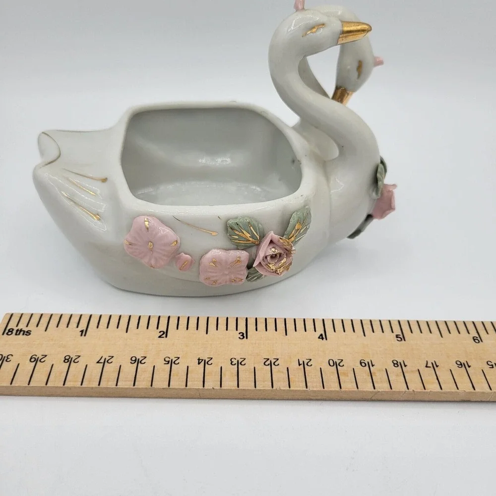 Vintage Double Swan China Trinket‎ Dish Vase With Flowers Collectible Home Decor